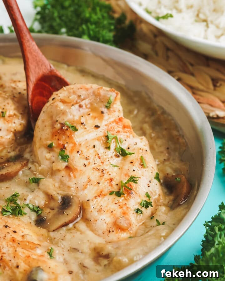 Champagne Chicken in a skillet with a creamy mushroom sauce.