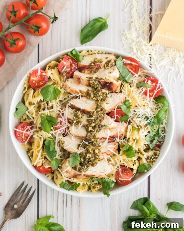 An overhead image of a bowl of chicken pesto pasta salad with basil and tomatoes around it.