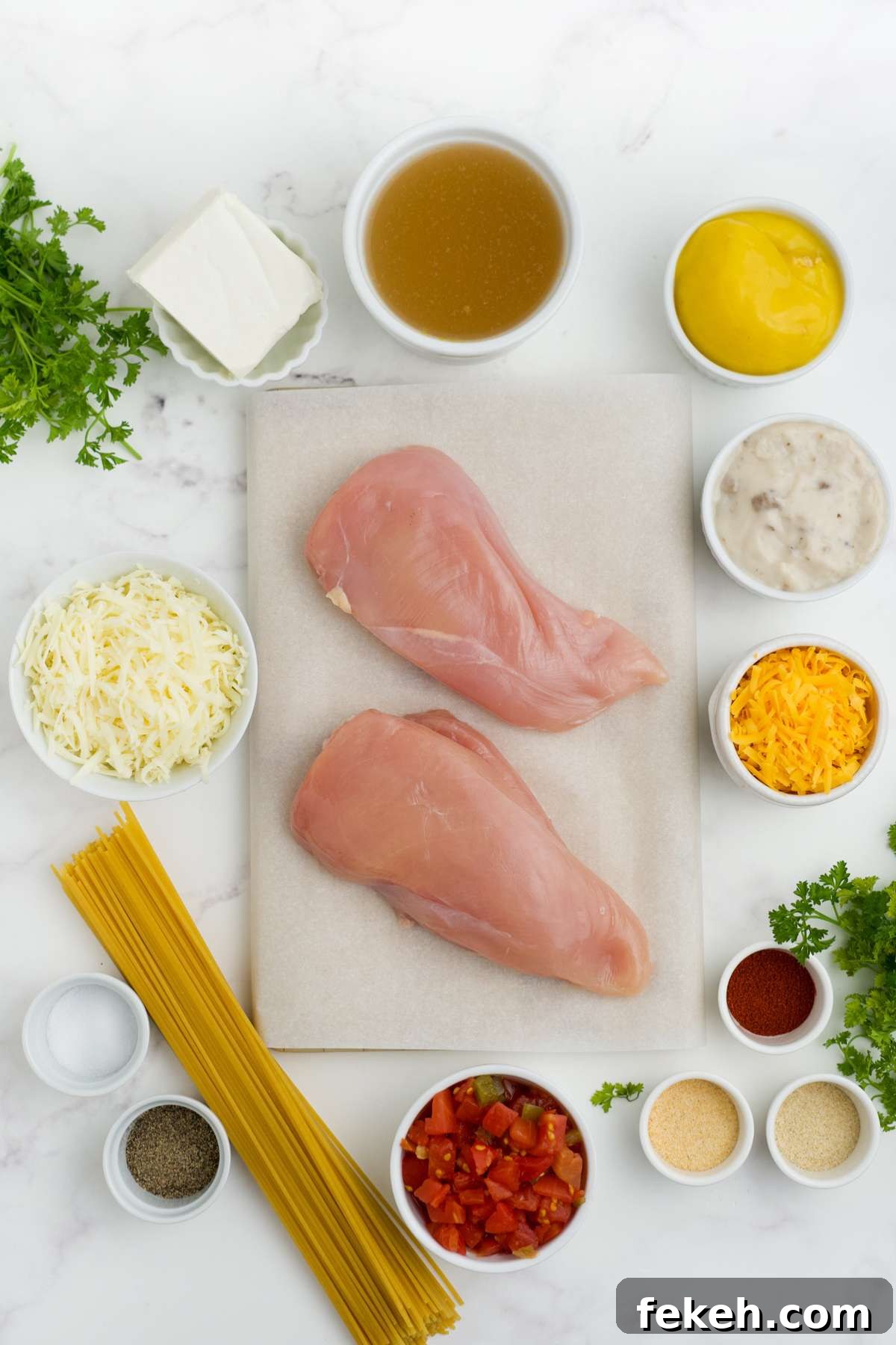 Ingredients to make chicken spaghetti in the slow cooker on the table before mixing together.