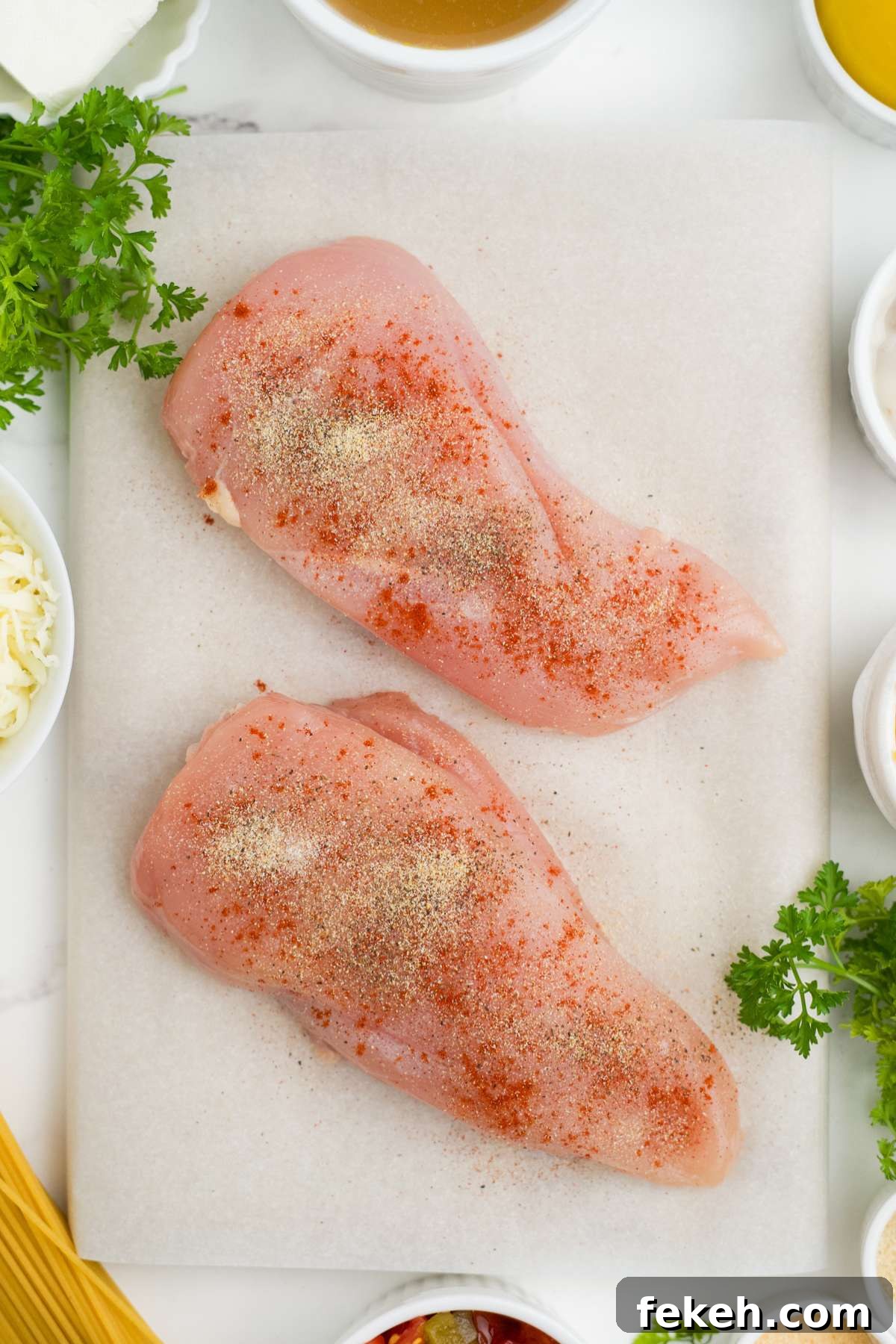 Chicken breasts on a cutting board sprinkled with seasoning.