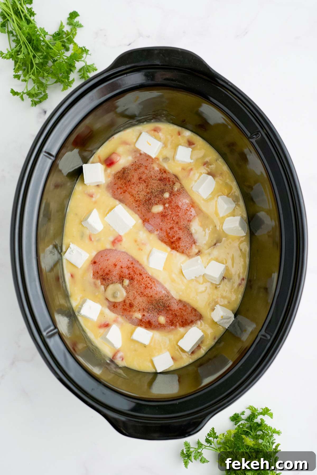 Chicken, sauce, and cream cheese added to the slow cooker.