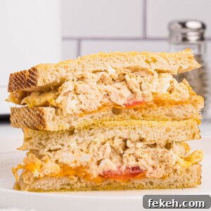 Crispy Air Fryer Tuna Melt Sandwich Recipe 13 Air fryer tuna melt served on golden Texas toast with tomatoes and melted cheese cut in half and served on a round white plate,