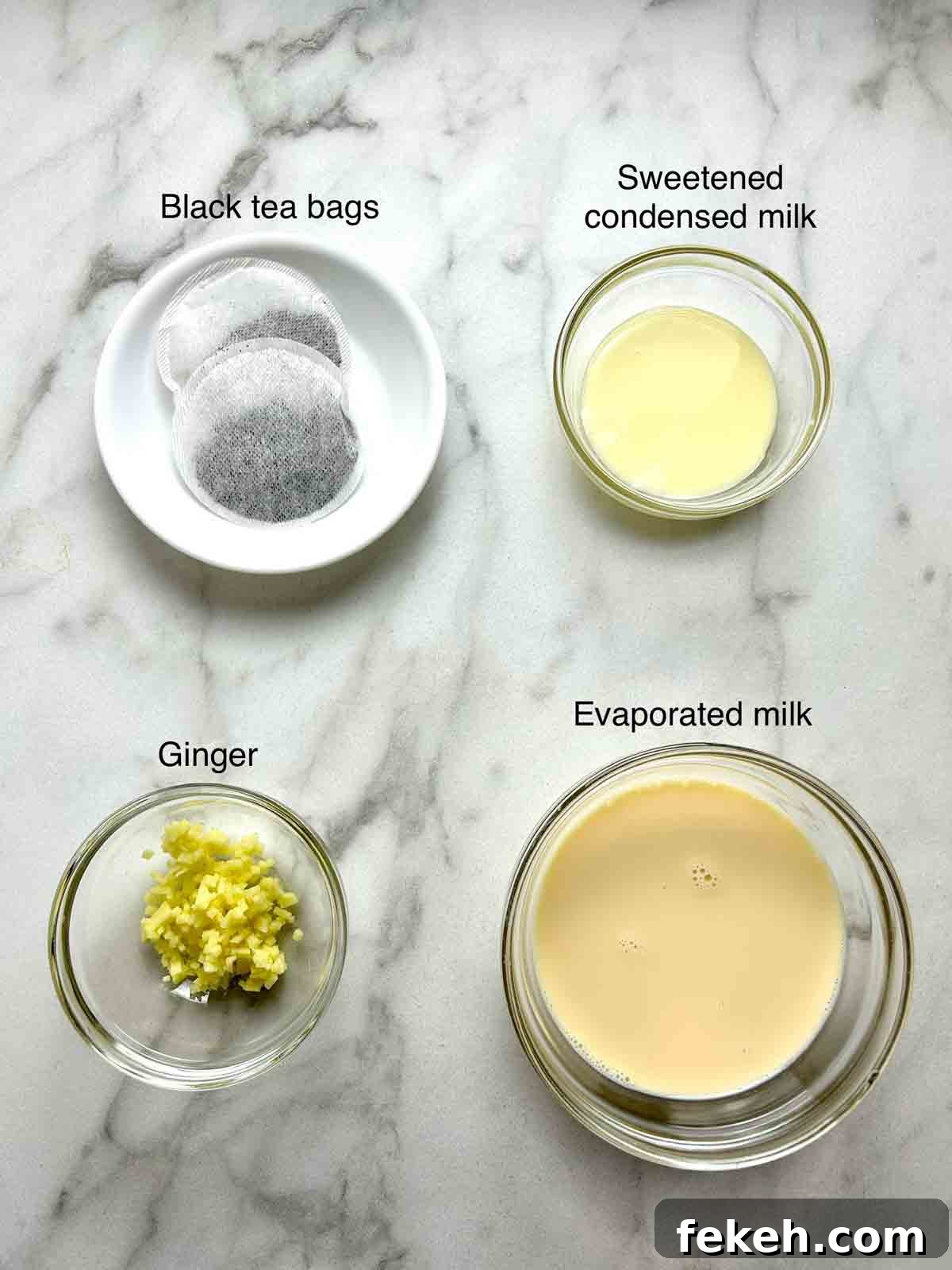 Chinese Ginger Milk Tea Recipe: Authentic Hot Drink with Fresh Ginger 3 ingredients prepped in bowls.