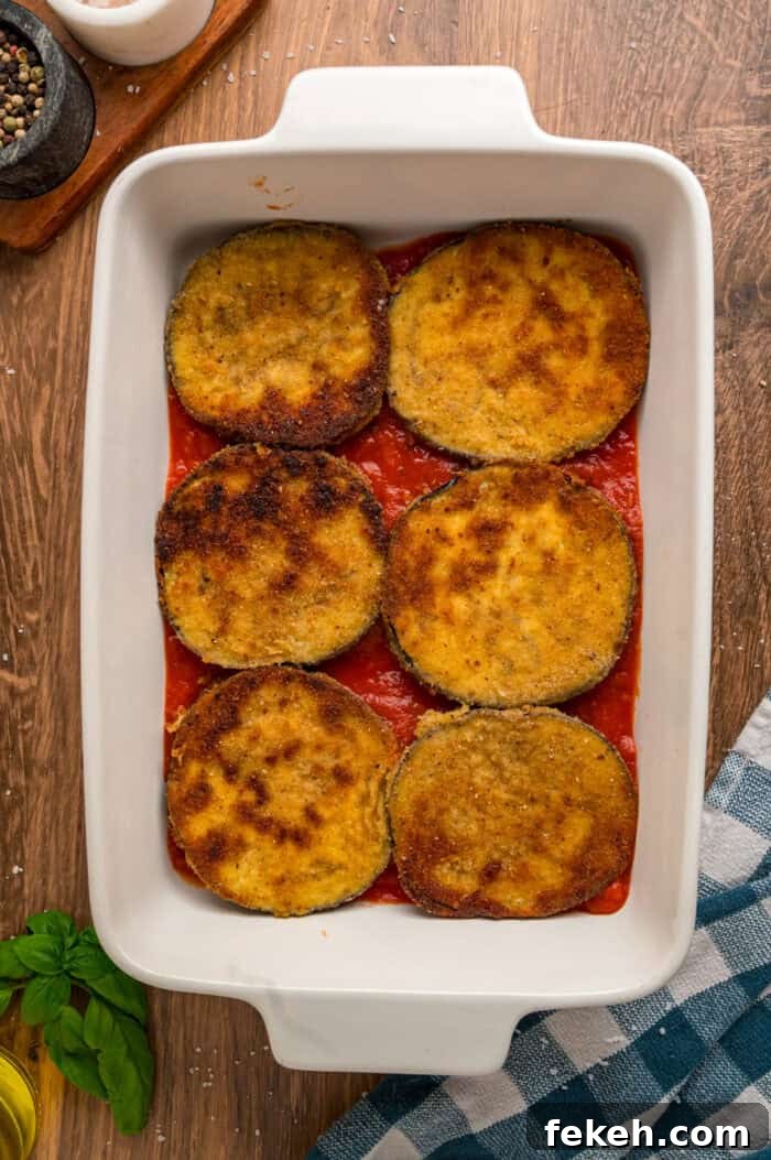 Fried eggplant slices in a casserole dish with marinara sauce Fried eggplant slices in a casserole dish with marinara sauce