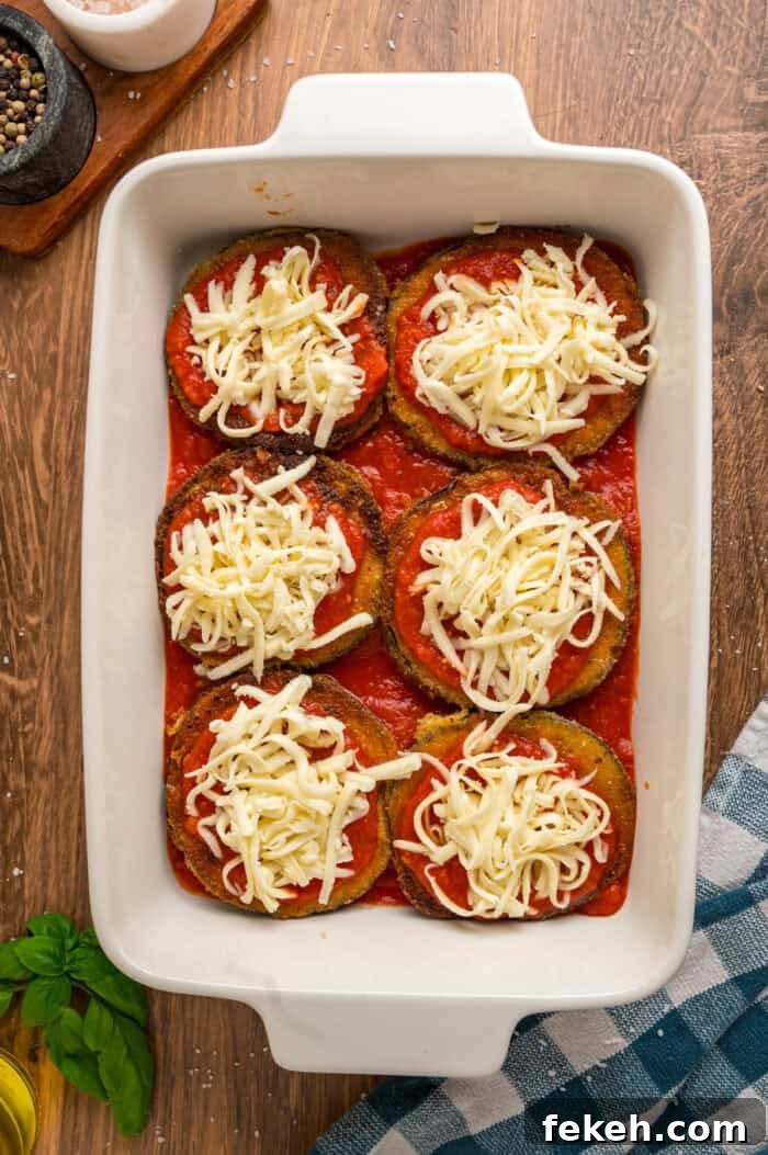 Fried eggplant slices topped with marinara and mozzarella cheese Fried eggplant slices topped with marinara and mozzarella cheese
