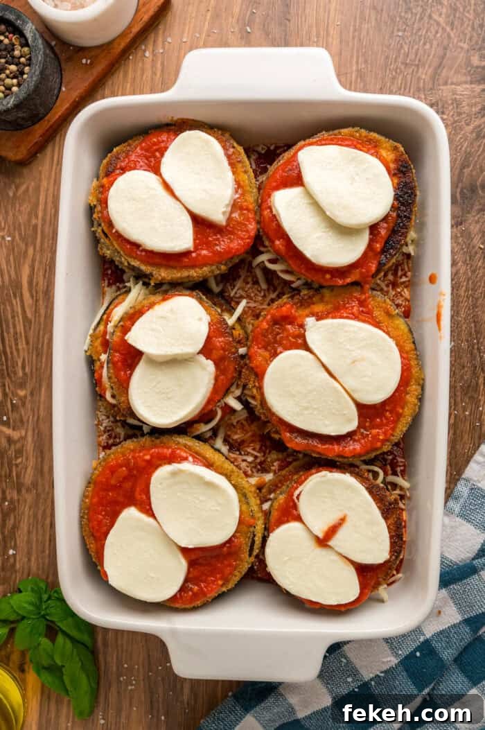 Layered slices of eggplant topped with marinara and parmesan cheese slices Layered slices of eggplant topped with marinara and parmesan cheese slices
