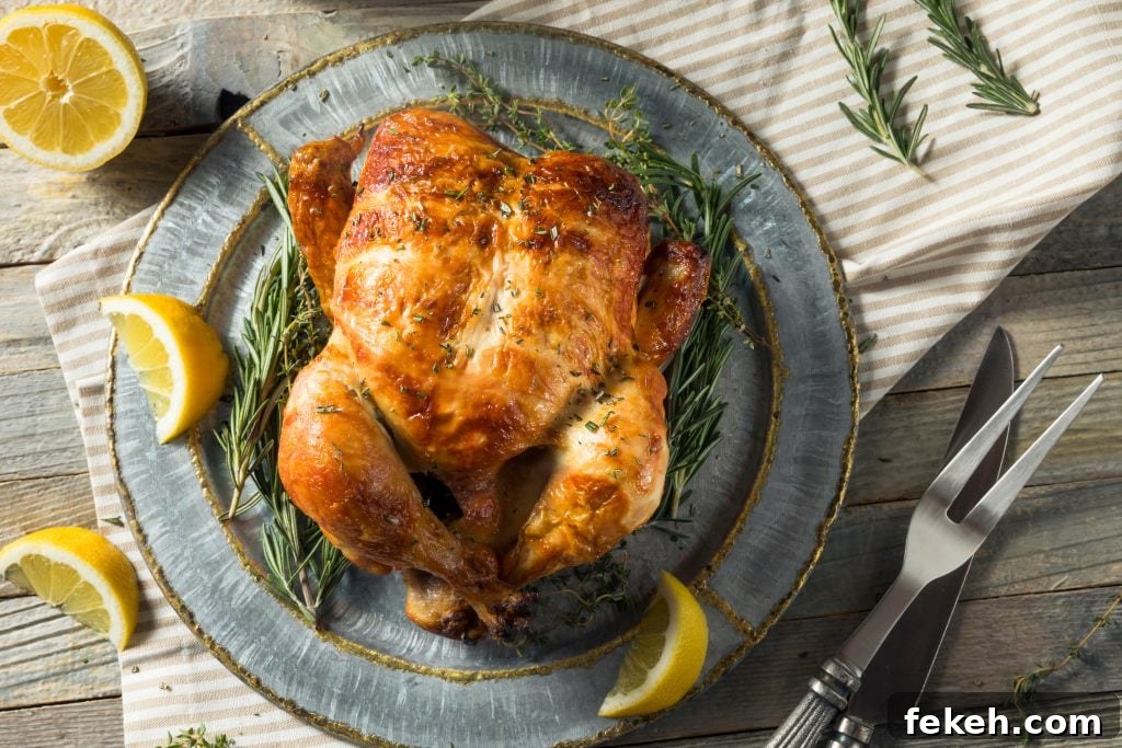 overhead shot of a rotisserie chicken on a plate on a wooden table