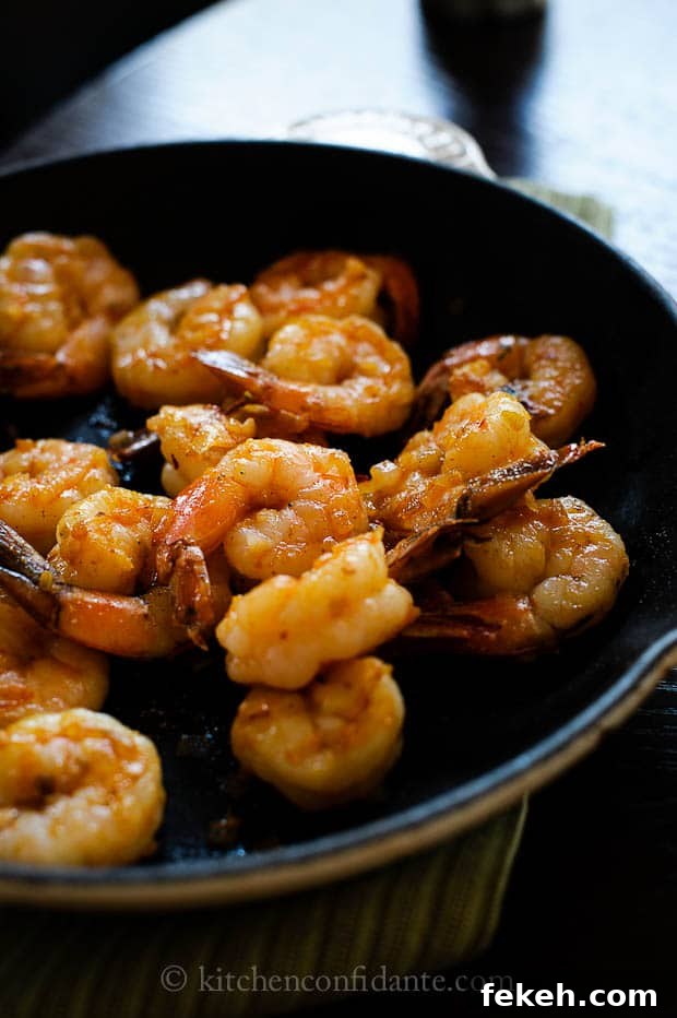 Spicy Shrimp and Zucchini Noodles | Kitchen Confidante | Sauteed Shrimp A dish full of cooked spicy shrimp.