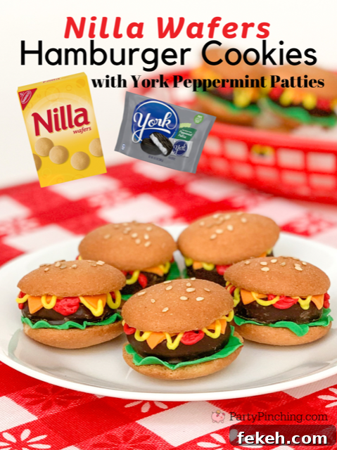 Nilla Wafer Hamburger Cookie Recipe: Mini Sandwich Cookies Tutorial 2 Nilla Wafers hamburger cookies, York peppermint patties, easy best desserts for potluck picnics BBQ, no bake cookies, adorable cute hamburger cookies for kids, easy hamburger cookies, vanilla wafer mint patty hamburger cookies, easy best hamburger cookies, BBQ picnic dessert ideas