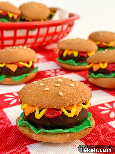 Nilla Wafer Hamburger Cookie Recipe: Mini Sandwich Cookies Tutorial 13 Nilla Wafers hamburger cookies, York peppermint patties, easy best desserts for potluck picnics BBQ, no bake cookies, adorable cute hamburger cookies for kids, easy hamburger cookies, vanilla wafer mint patty hamburger cookies, easy best hamburger cookies, BBQ picnic dessert ideas
