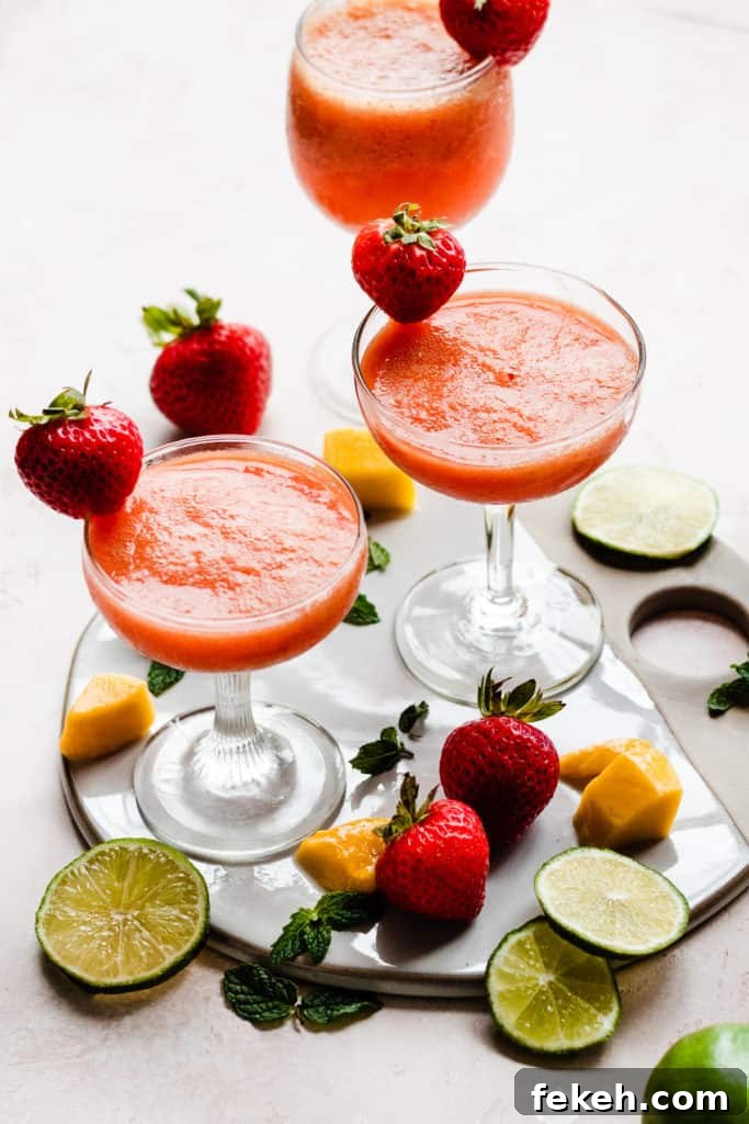 Three cocktail glasses filled with a bright pinky orange rum punch, with mangos, strawberries, and lime slices scattered around