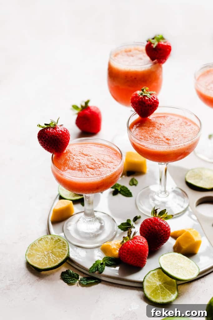 Four cocktail glasses filled with a bright pinky orange rum punch, with mangos, strawberries, and lime slices scattered around