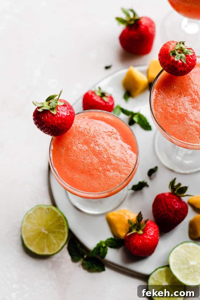 Top-down view of one cocktail glass filled with a pinky orange drink, and fruit scattered around