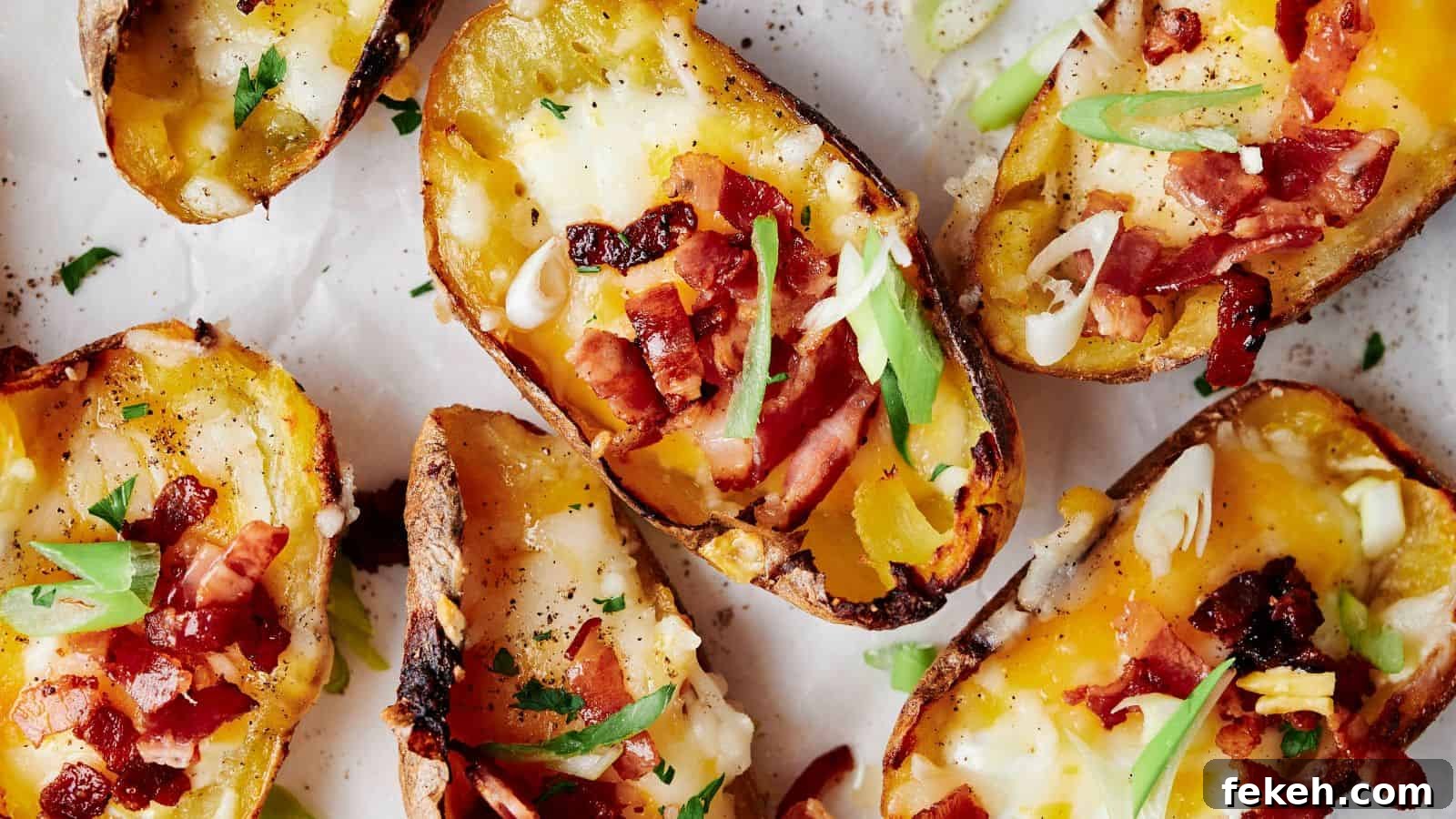 I Tried 15 Fall Snacks So You Don’t Have To — Top Picks Reviewed 11 Close-up of loaded potato skins topped with melted cheese, bacon bits, and sliced green onions on a white background.