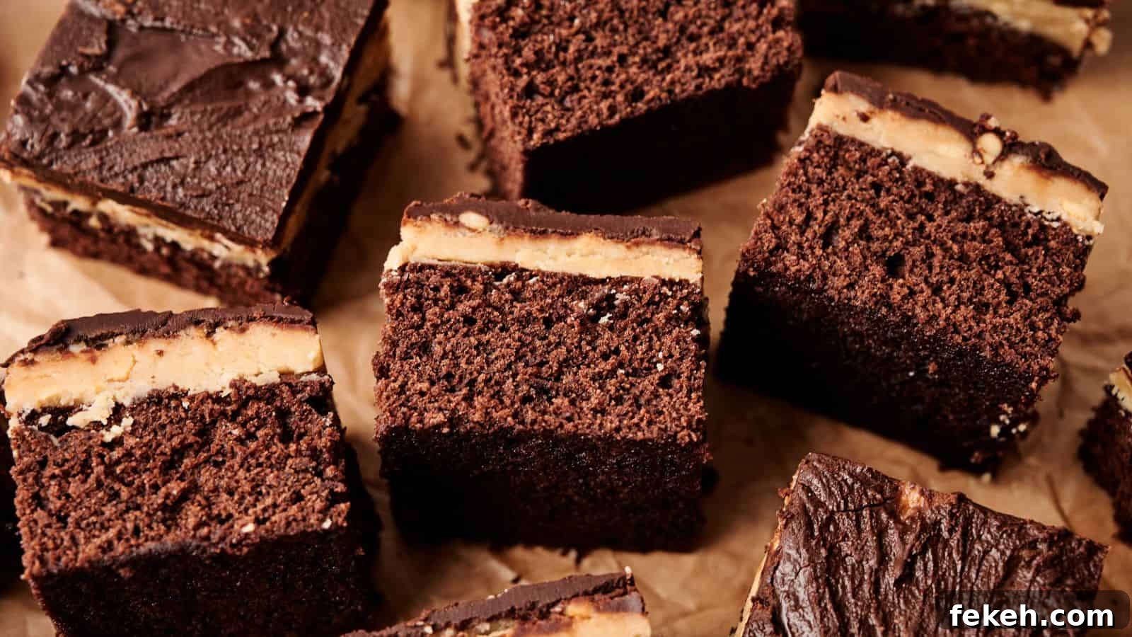 I Tried 15 Fall Snacks So You Don’t Have To — Top Picks Reviewed 12 Several squares of chocolate cake with a layer of peanut butter filling and a chocolate topping are arranged on brown parchment paper.