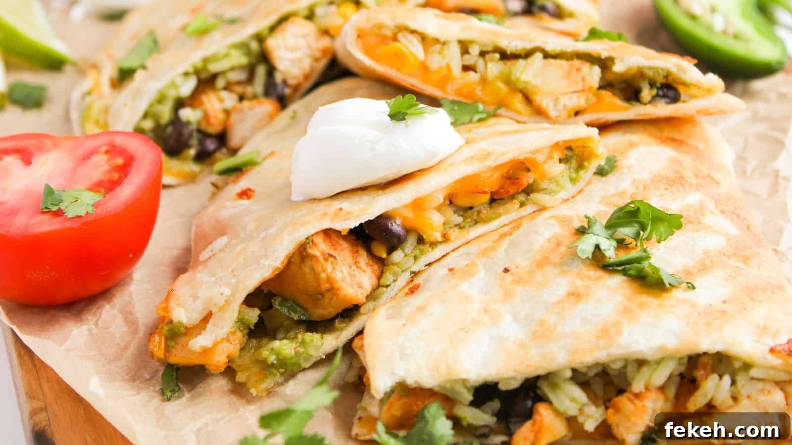 I Tried 15 Fall Snacks So You Don’t Have To — Top Picks Reviewed 13 Quesadillas filled with rice, beans, and chicken, topped with sour cream and cilantro. Sliced tomato and jalapeño are on the side.