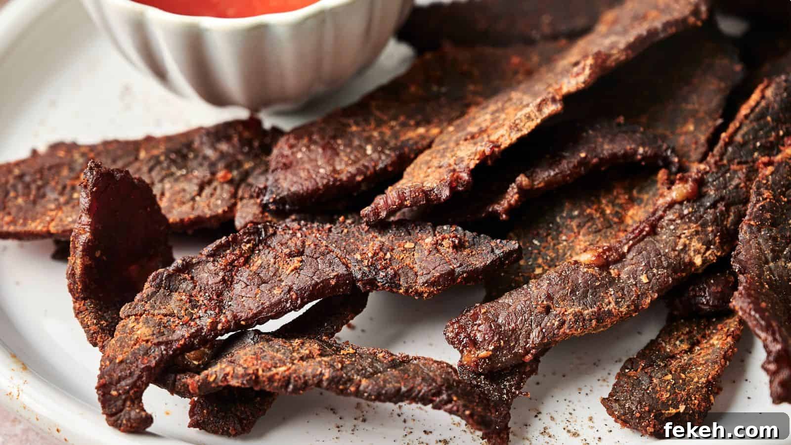 I Tried 15 Fall Snacks So You Don’t Have To — Top Picks Reviewed 4 A plate of beef jerky slices next to a small bowl of dipping sauce.