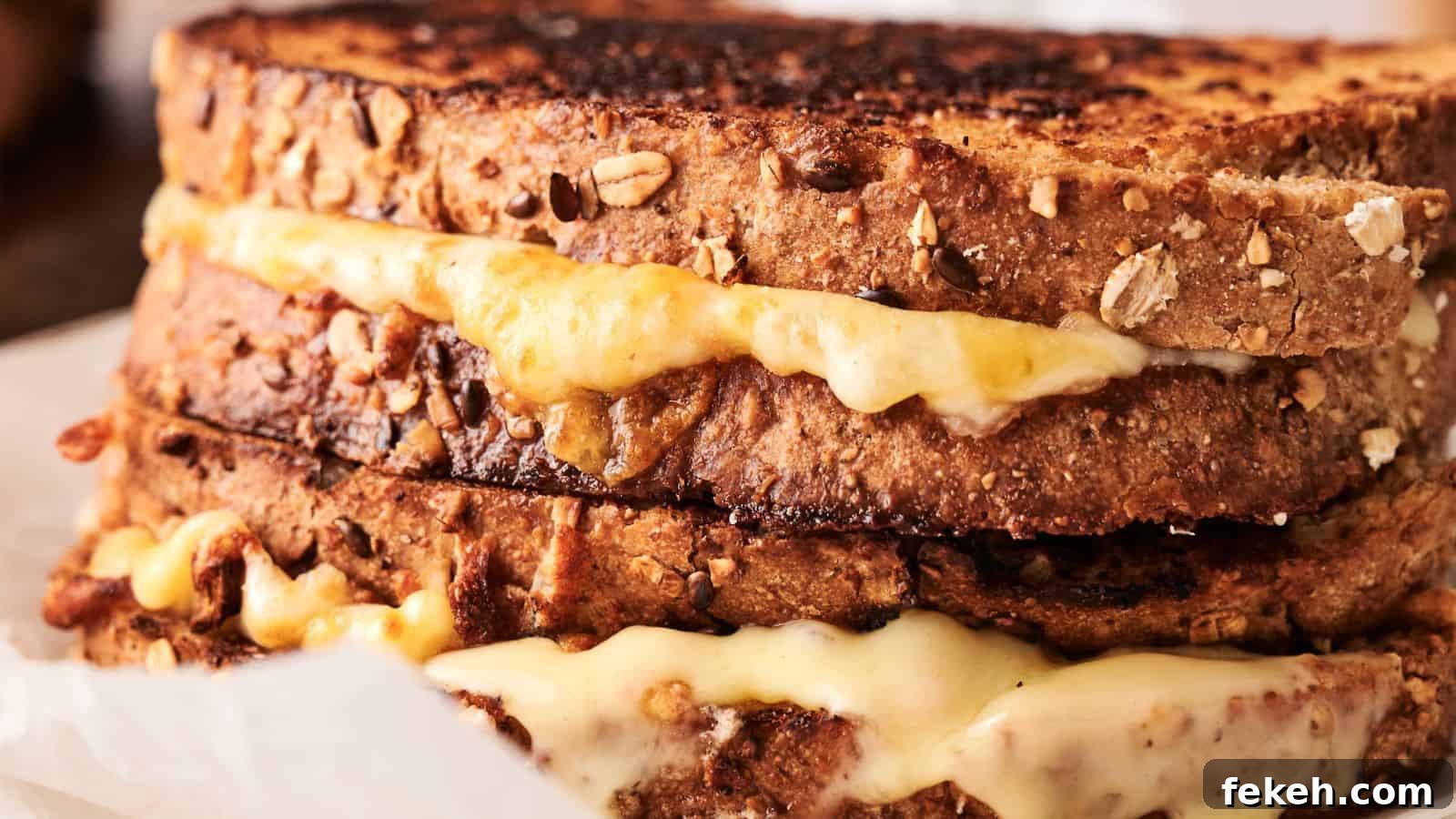 I Tried 15 Fall Snacks So You Don’t Have To — Top Picks Reviewed 6 Close-up of two stacked grilled cheese sandwiches made with multigrain bread and melted cheese oozing out.