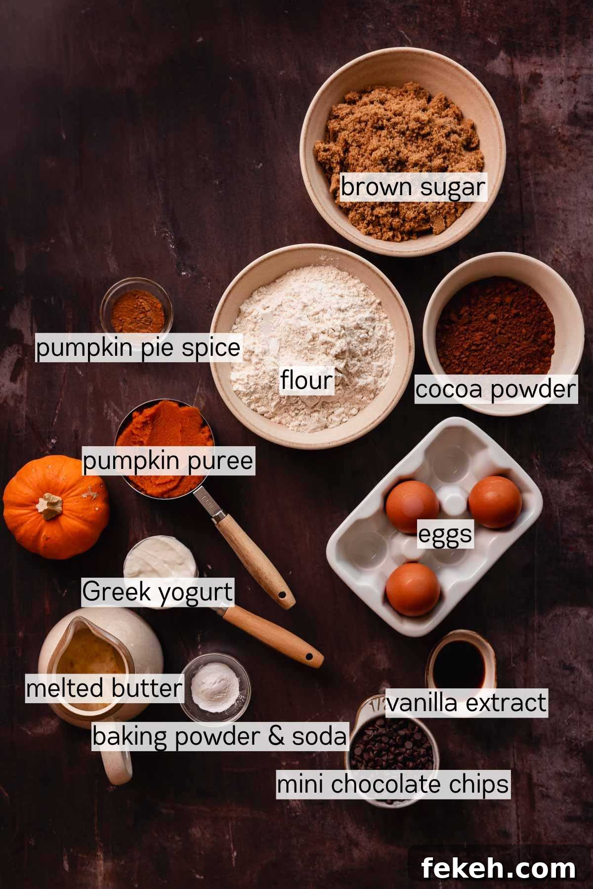 Pumpkin Chocolate Loaf with Spiced Chocolate Chips 4 ingredients for pumpkin and chocolate bread in bowls