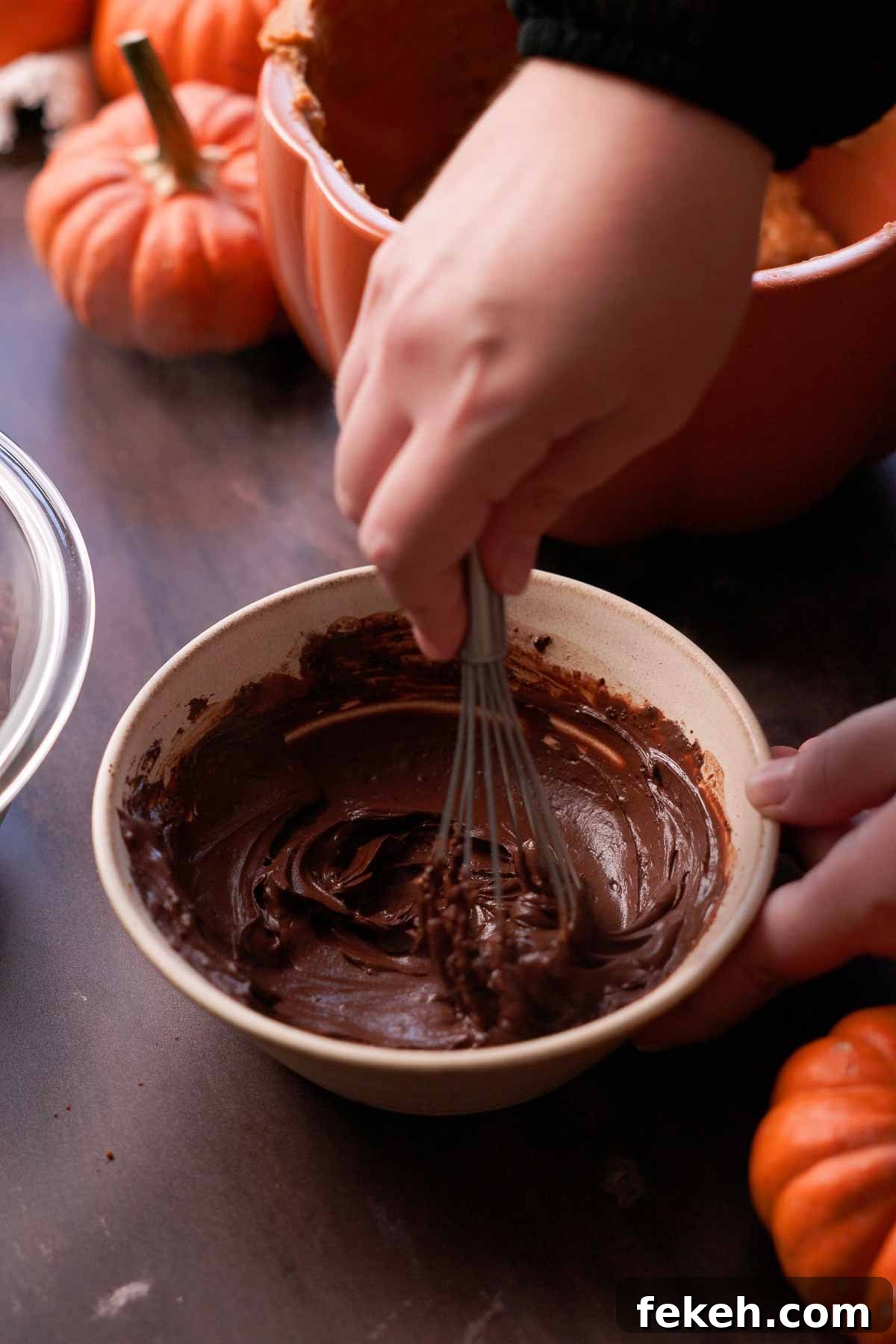 Pumpkin Chocolate Loaf with Spiced Chocolate Chips 8 whisking cocoa powder and hot water in a small bowl with a wire whisk