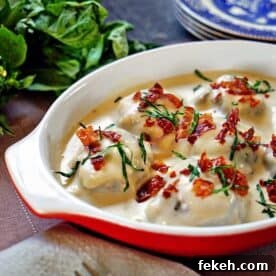 Baked Pesto Turkey Meatballs with Creamy Mornay Sauce 8 pesto turkey meatballs covered with mornay sauce and crispy prosciutto