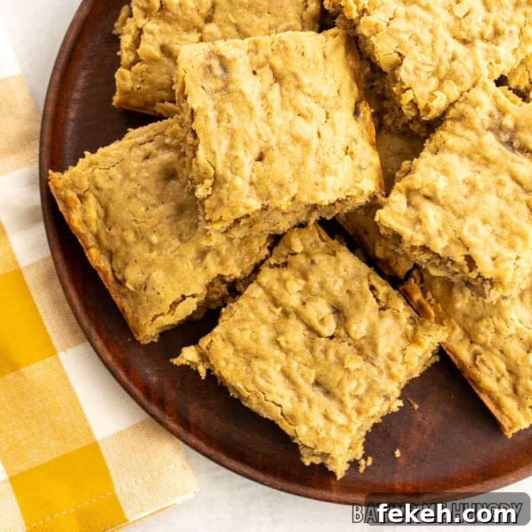 Peanut Butter Banana Oat Oatmeal Bars — Chewy Snack Squares 2 overhead shot of peanut butter banana oatmeal bars
