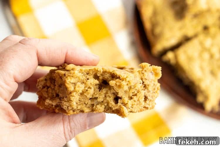 Peanut Butter Banana Oat Oatmeal Bars — Chewy Snack Squares 3 hand holding one of the peanut butter banana oatmeal bars