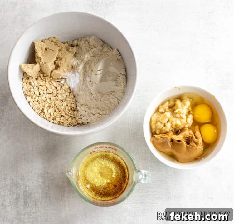 Peanut Butter Banana Oat Oatmeal Bars — Chewy Snack Squares 4 ingredients in bowl