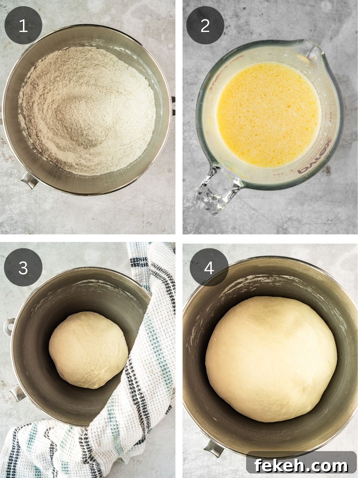 Soft Buttery Double-Cheek Dinner Rolls Recipe 5 Recipe steps showing the kneading of the dough and the first rise.
