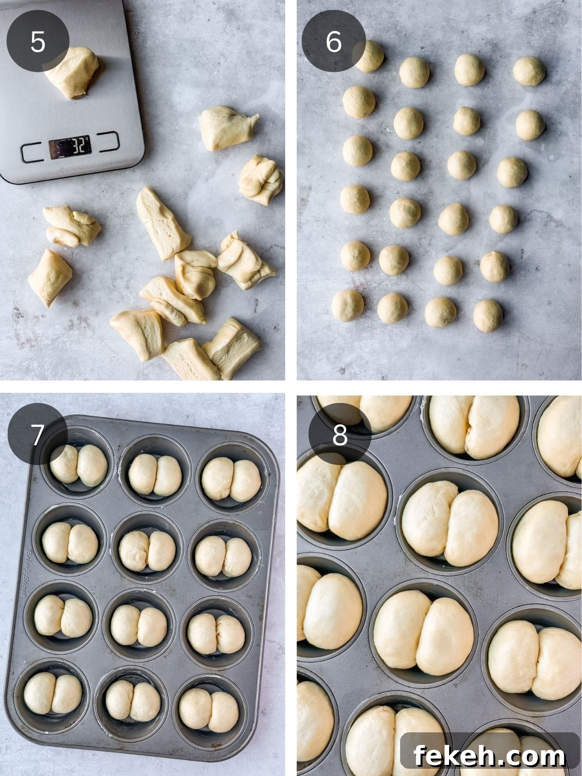 Soft Buttery Double-Cheek Dinner Rolls Recipe 6 Recipe steps showing the portioning of the dough, rolling the small balls and placing them into the muffin tins to rise a second time.