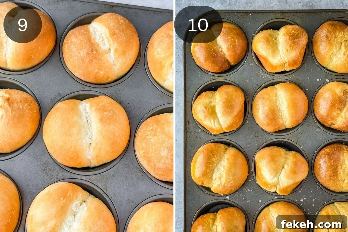 Soft Buttery Double-Cheek Dinner Rolls Recipe 7 Recipe steps showing the final bake and buttering up of the buns.