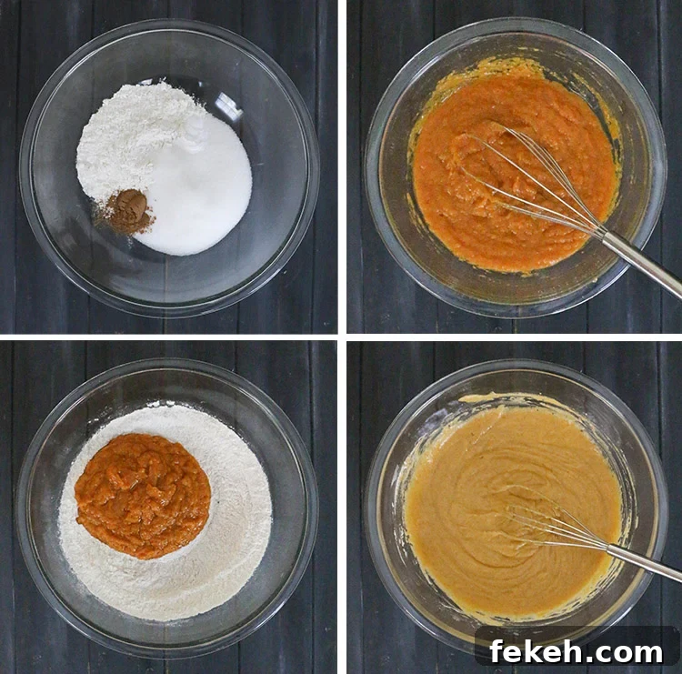 Pumpkin Olive Oil Cake — Eggless, Dairy-Free, Butter-Free Recipe 6 Four process photos of mixing dry and wet ingredients