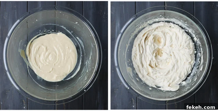Pumpkin Olive Oil Cake — Eggless, Dairy-Free, Butter-Free Recipe 11 two glass bowls, one with a creamed mixture of maple syrup, butter and cream cheese, the other with whipped cream added and whipped to stiff peaks