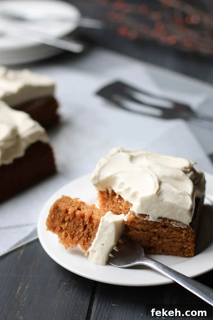 Pumpkin Olive Oil Cake — Eggless, Dairy-Free, Butter-Free Recipe 15 a forkful of Crazy pumpkin olive oil cake sitting on a serving plate