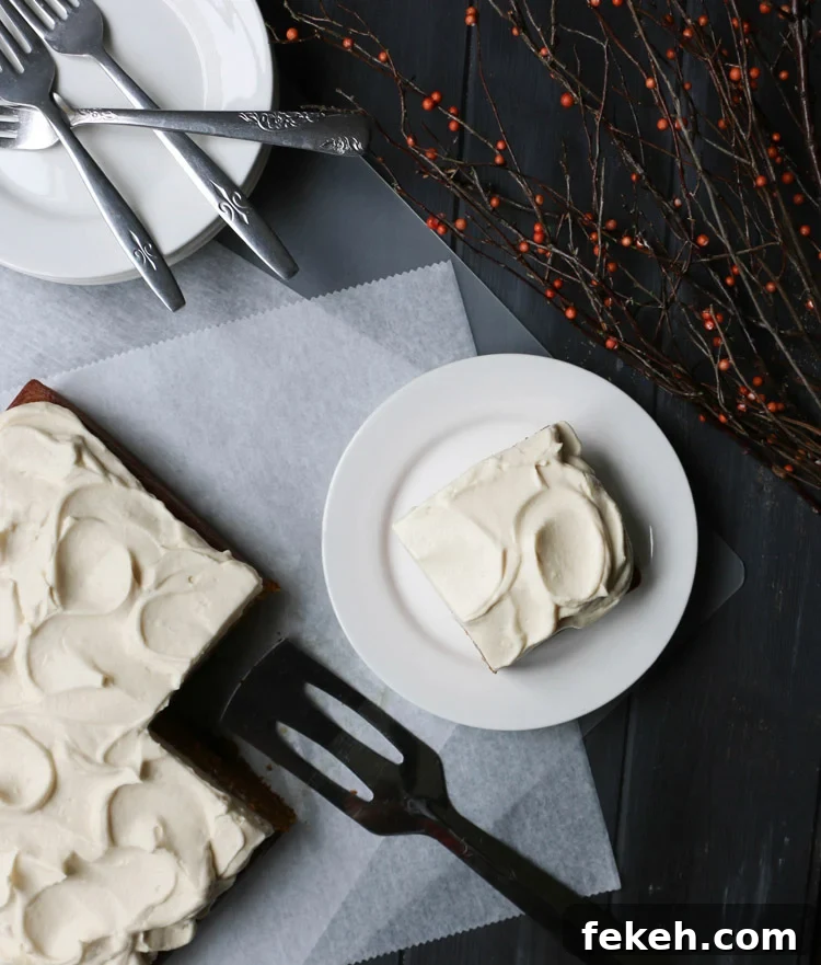 Pumpkin Olive Oil Cake — Eggless, Dairy-Free, Butter-Free Recipe 4 An overhead view of sliced Crazy Pumpkin Olive Oil Cake with Whipped Maple Cream Cheese Frosting