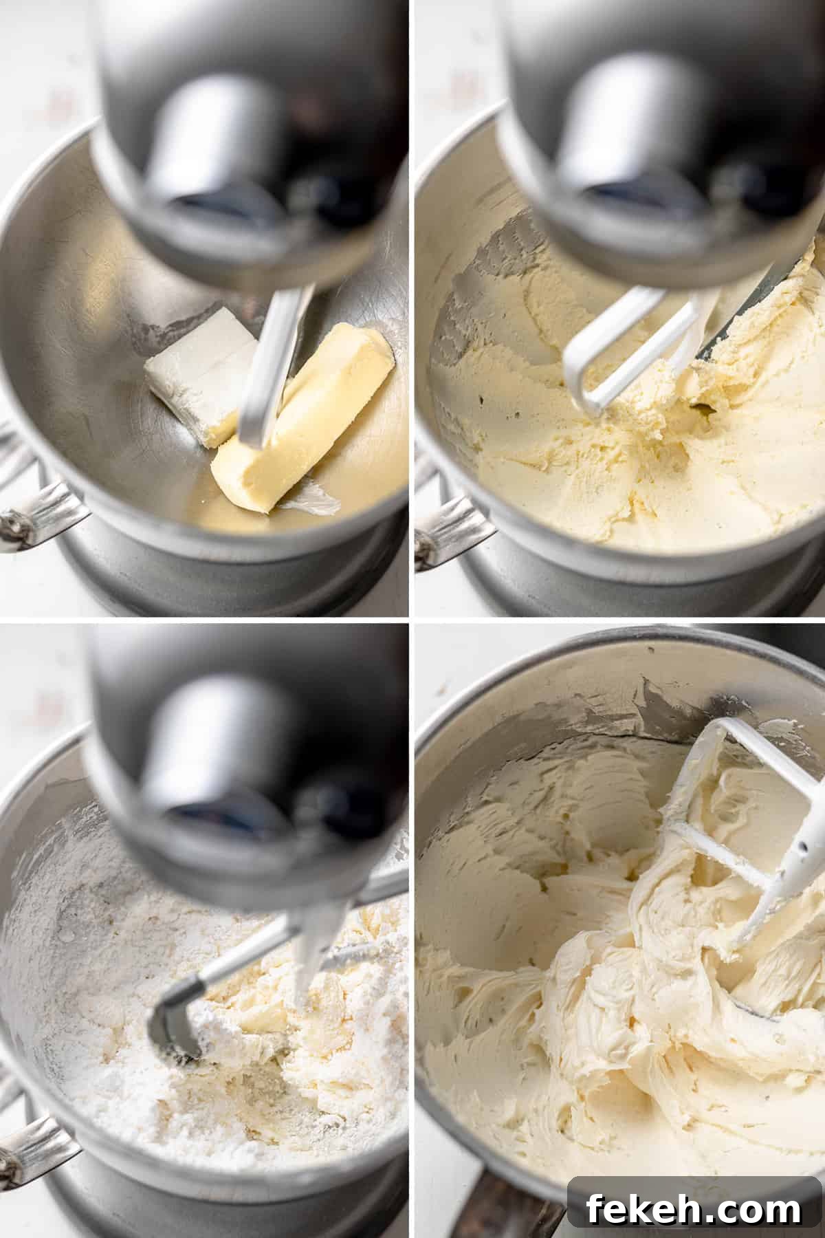 Mixing cream cheese icing in a silver stand mixer bowl with paddle attachment.