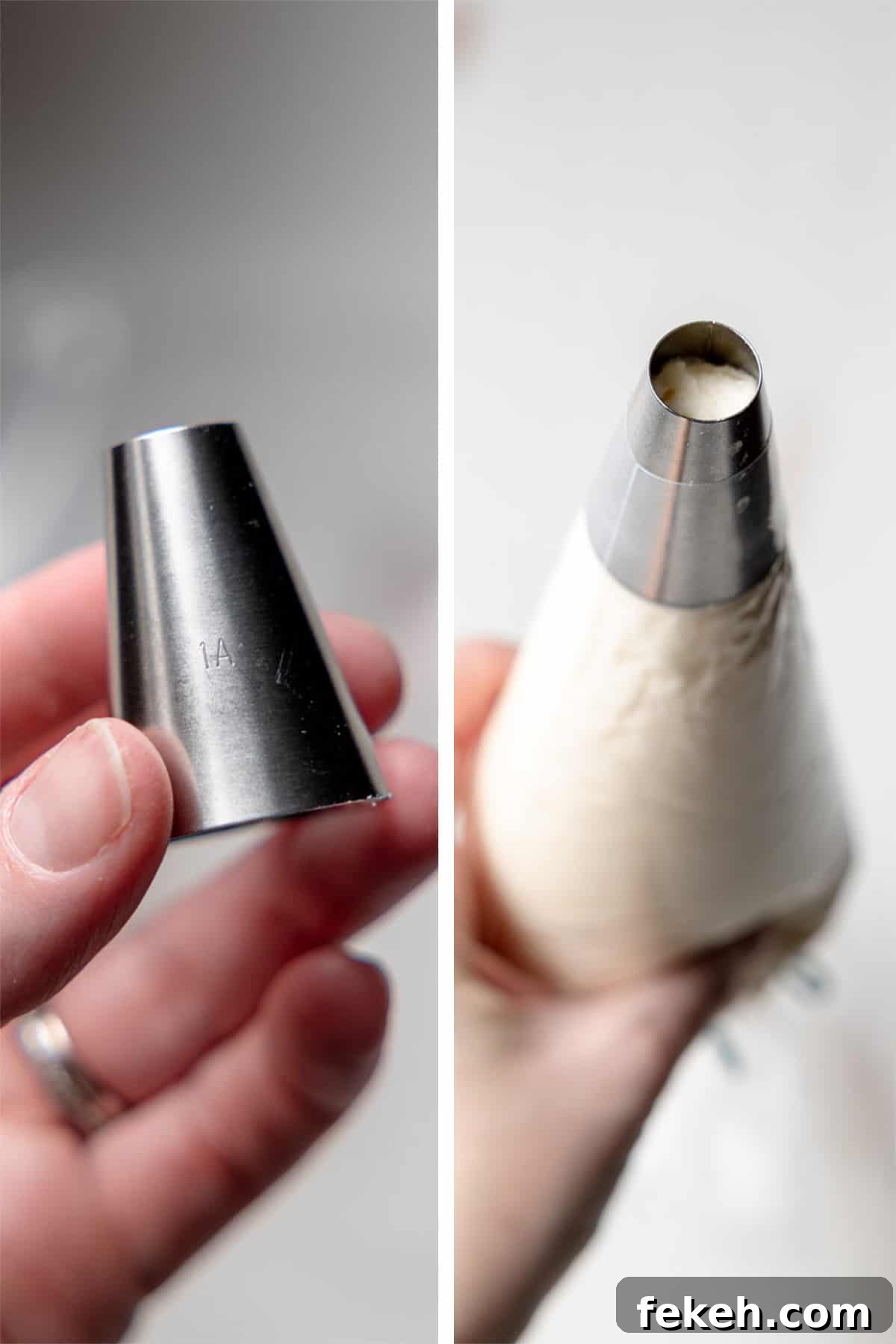 Hand holding the 1A piping tip, and the 1A piping tip attached to piping bag filled with icing.