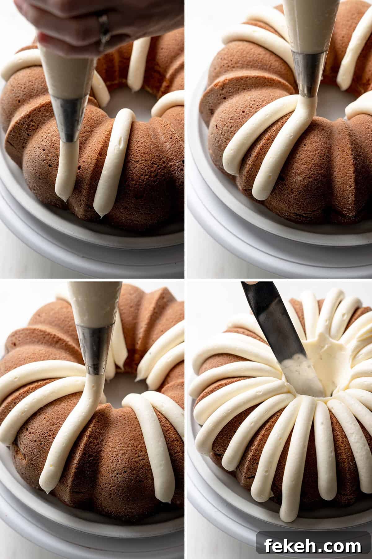 Piping thick lines of cream cheese frosting on a bundt cake, spatula smoothing center hole.