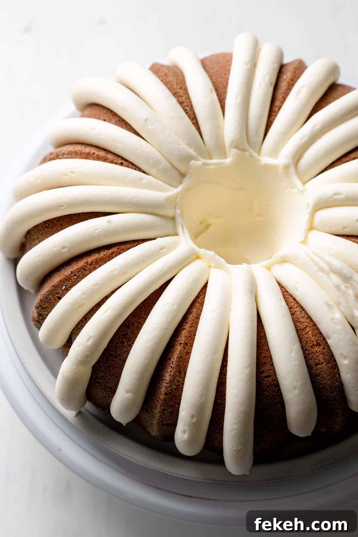 Bundt cake with lines piped all around the perimeter in the style of nothing bundt cakes.