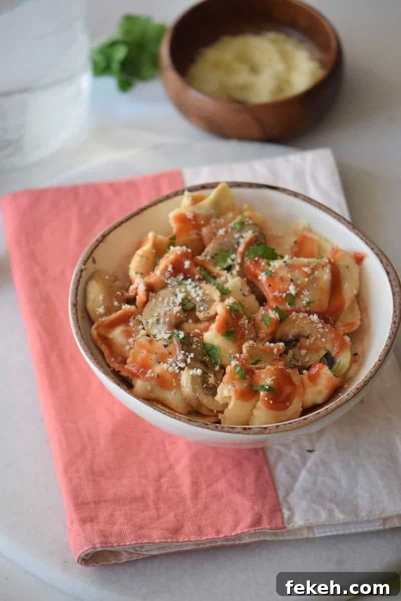 Bowl of ravioli with mushroom pasta sauce and bowl of Parmesan chs in the background.