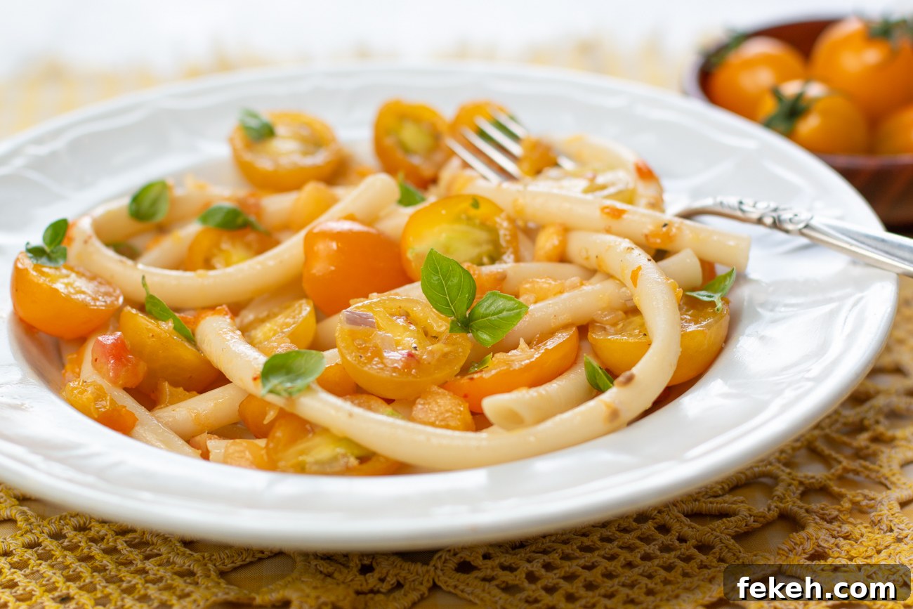 Fresh No-Cook Heirloom Yellow Tomato Sauce with Pasta Recipe 11 Perfect at room temperature - the sauce will taste great as it marinated with the noodles!