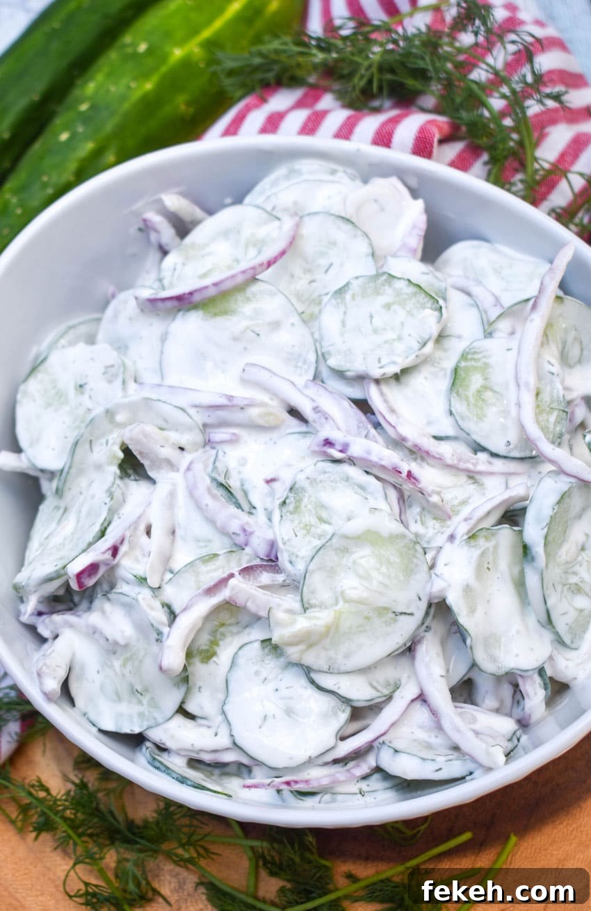 Creamy Cucumber Salad Recipe with Dill and Sour Cream 2 creamy cucumber salad in a white serving bowl