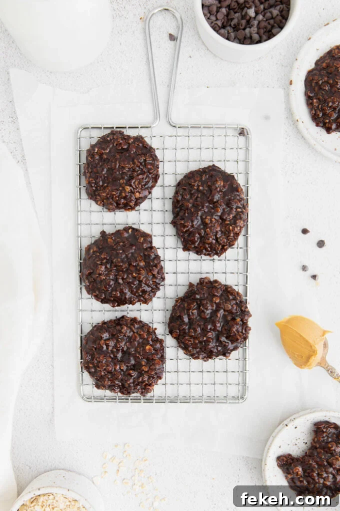 No-Bake Vegan Cookies: Quick Chocolate Oat Treats 7 vegan no bake cookies on a wire cooling rack near a spoonful of peanut butter