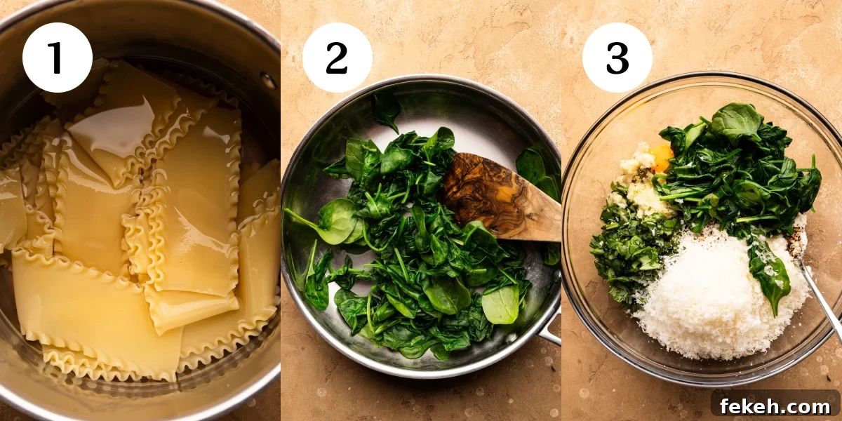 Creamy Spinach Lasagna Recipe with Ricotta and Mozzarella 4 A collage of three photos showing how to make spinach lasagna. The first photo is cooked lasagna noodles in a pot of water. The second photo is a wooden spoon stirring spinach leaves in a silver pan. The third photo is ricotta filling ingredients for lasagna in a clear glass bowl.