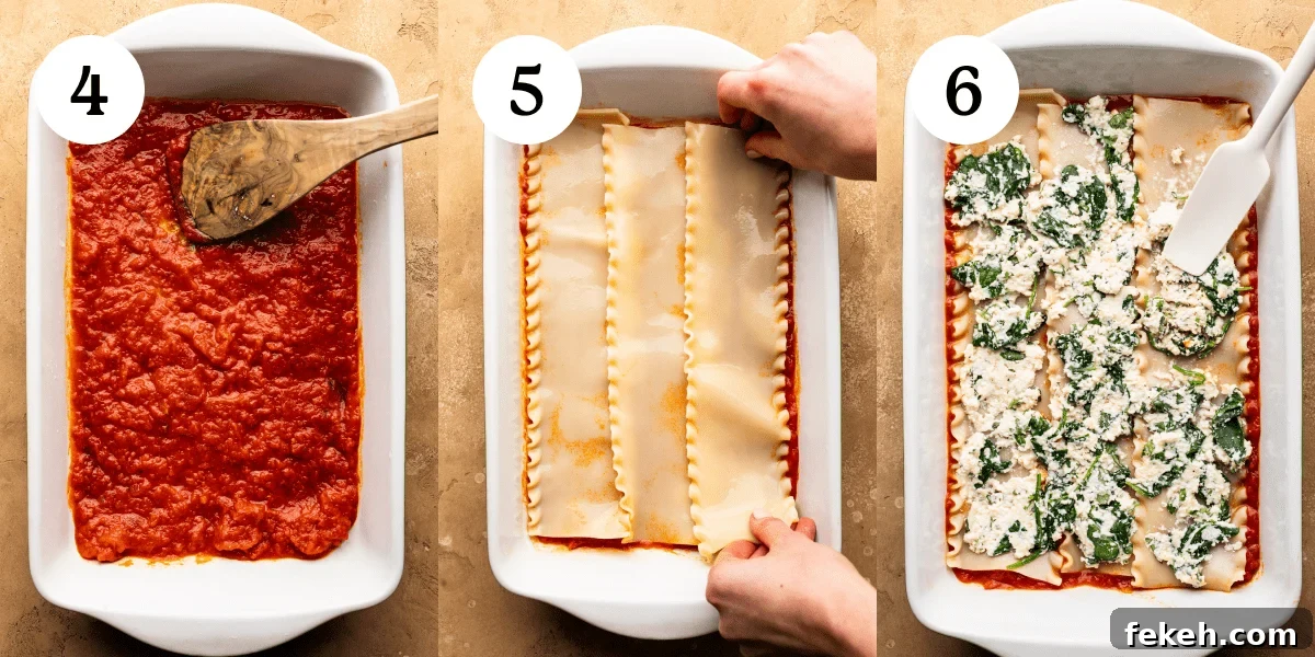 Creamy Spinach Lasagna Recipe with Ricotta and Mozzarella 5 A collage of three photos. The first photo is a wooden spoon spread red tomato sauce in a white lasagna dish. The second photo is two hands laying cooked lasagna noodles in the same dish over the red sauce. The third photo is a white rubber spatula spreading spinach and ricotta filler over lasagna noodles in the same white dish.