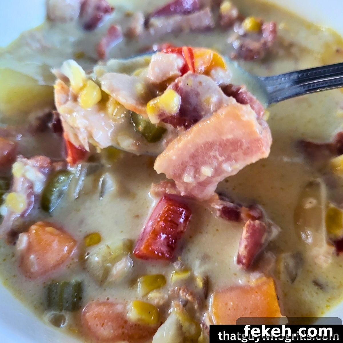 Creamy Smoked Salmon Chowder Recipe for Cozy Weeknight Dinners 2 Smoked salmon chowder in a white bowl with a spoon full over the bowl