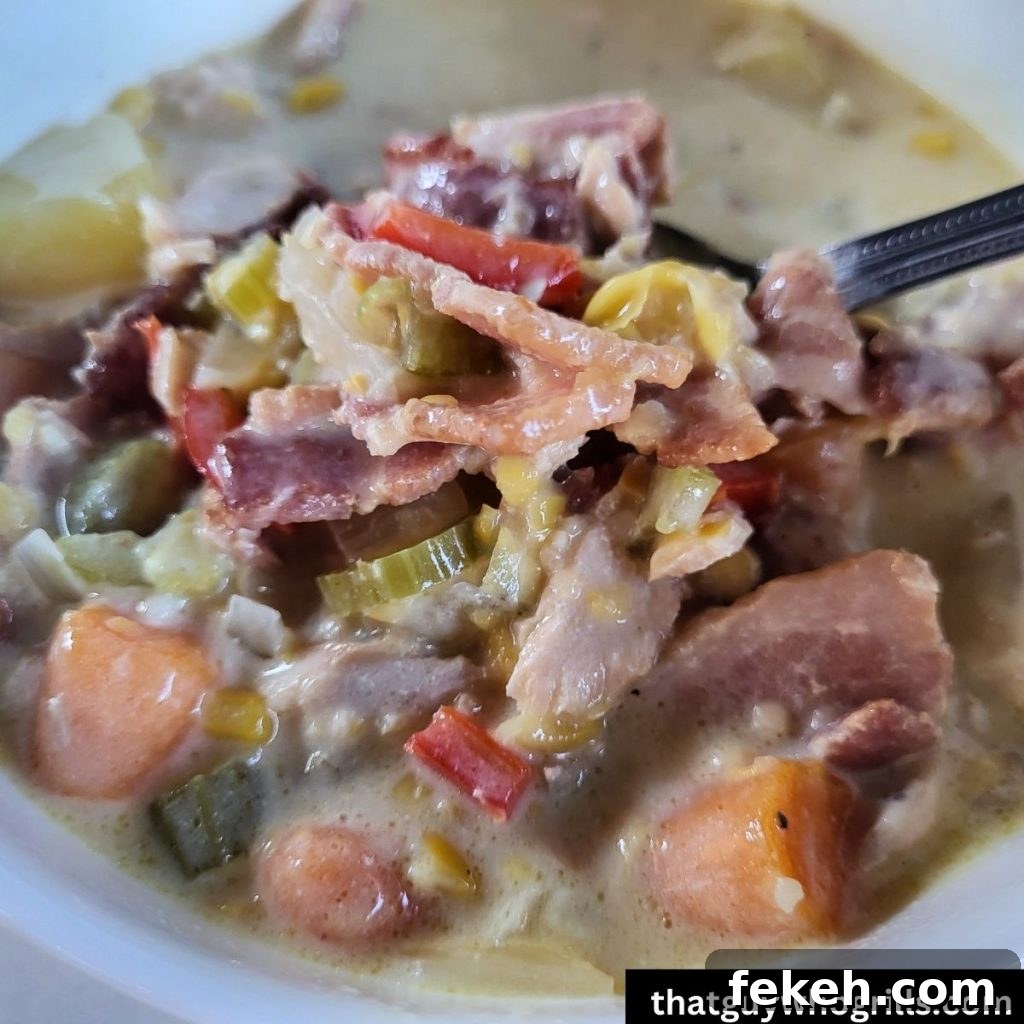 Creamy Smoked Salmon Chowder Recipe for Cozy Weeknight Dinners 10 close up of spoonful of smoke salmon chowder over a bowl of chowder