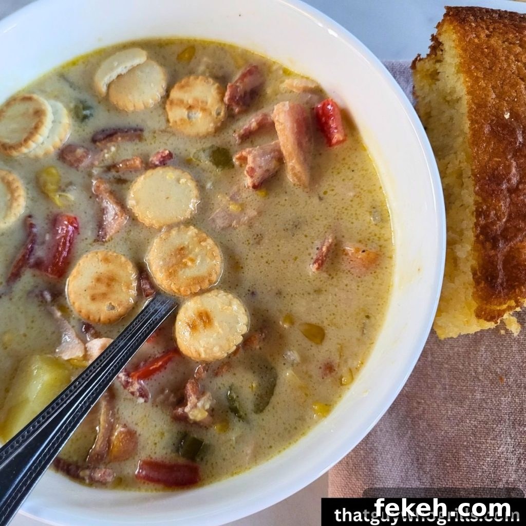 Creamy Smoked Salmon Chowder Recipe for Cozy Weeknight Dinners 11 Smoked Salmon Chowder Served in a white bowl with crackers and next to a piece of cornbread