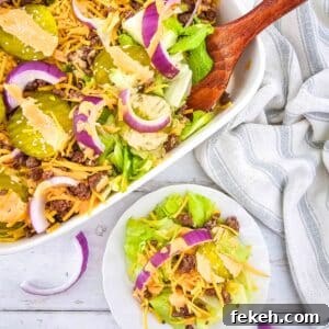 Keto Big Mac Salad: High-Protein Low-Carb Cheeseburger Bowl 16 Keto Big Mac Salad in a casserole dish with wooden spoon, and on a plate single serving
