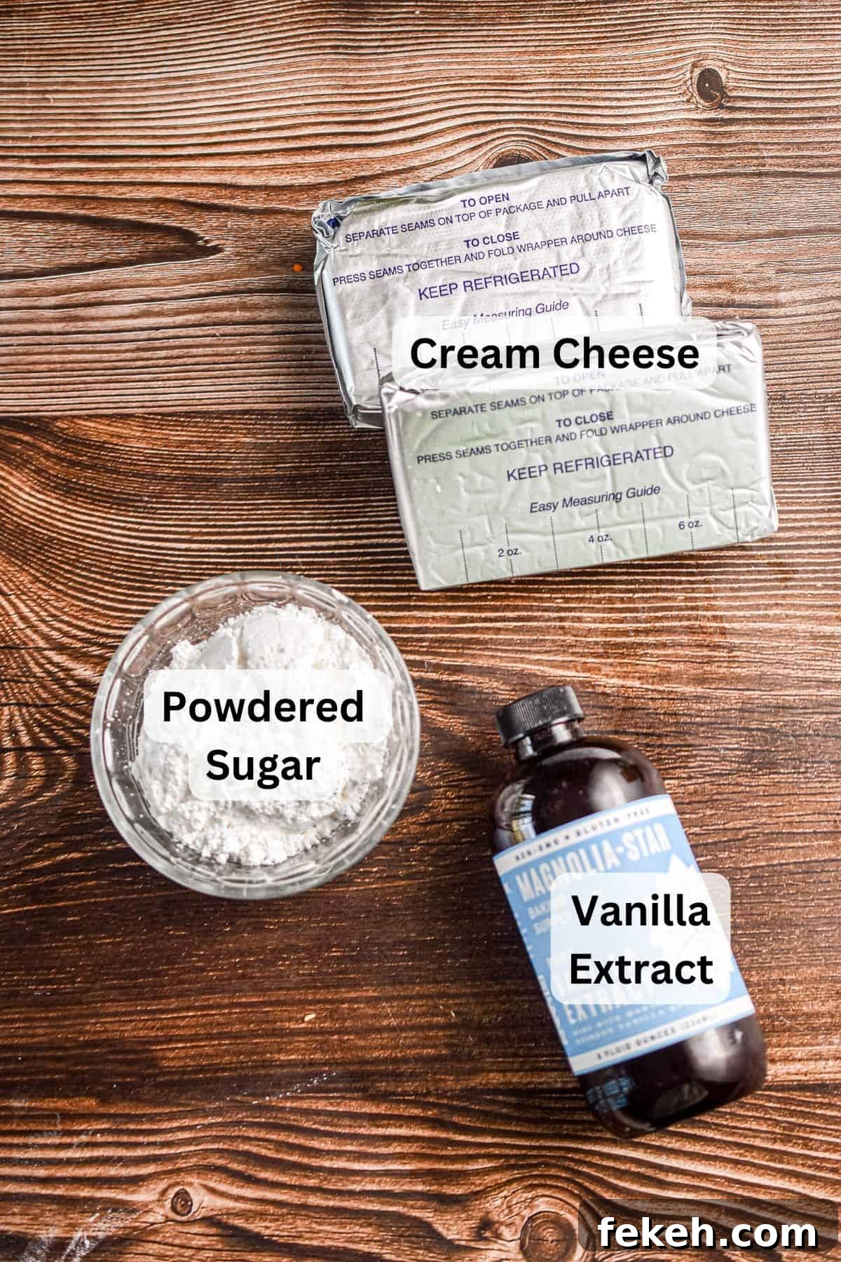 Cream Cheese Frosting Recipe: Smooth, Tangy, Ready in Minutes 3 The ingredients for the 3 ingredient cream cheese frosting are laid out and labeled.